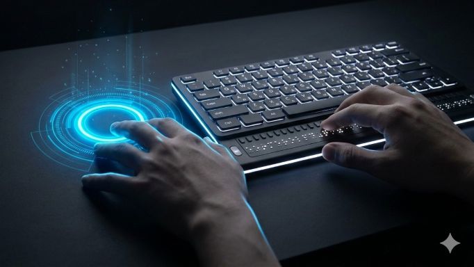 This image was generated by Pete, who is totally blind, using Google's Gemini AI tool  It shows an adult's hands working with a glowing QWERTY keyboard with a braille display.  Where a mouse or other pointing device would be is a glowing blue geometrical design that implies a connection with the cloud.